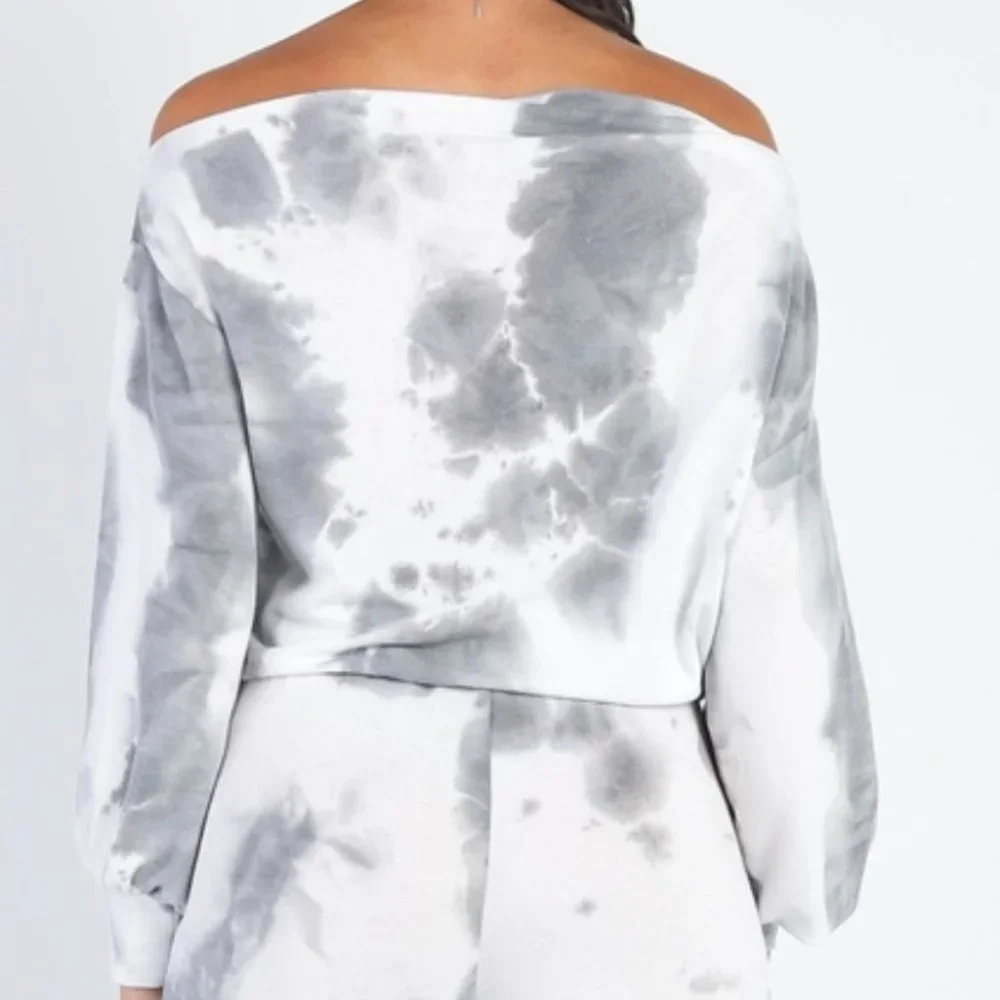 Charcoal Tie-Dye Off-The-Shoulder Top High Waist Pants Set - Picture 4 of 9